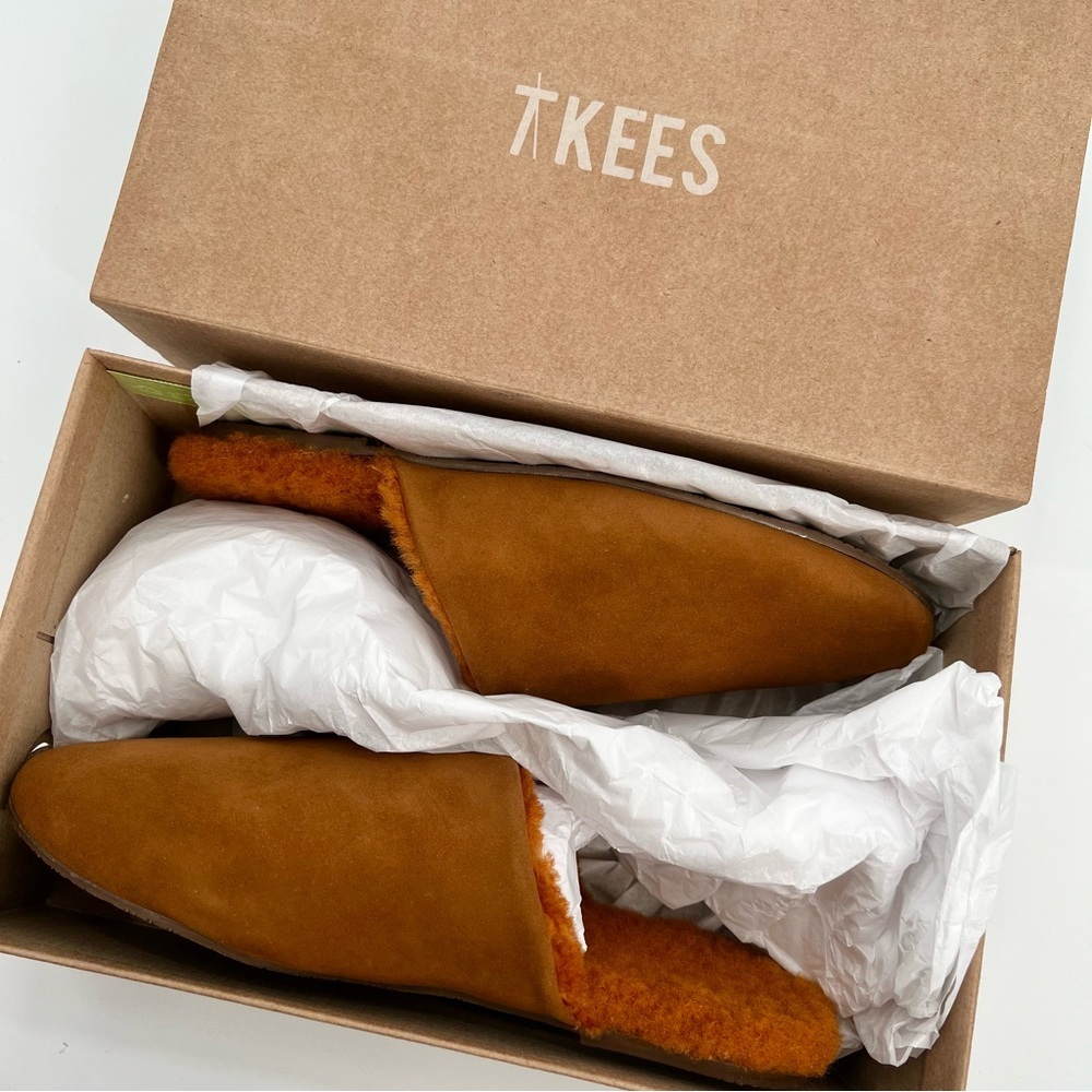 NWT TKEES Ines Shearling Camel Sandal Flats US 9 EU 40 Loafers Suede Mules Tan - Picture 5 of 10